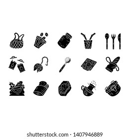 Zero waste kitchen glyph icons set. Reusable cutlery, storage containers. Recyclable bags, household utensils. Silhouette symbols. Vector isolated illustration