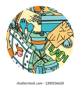 Zero waste kitchen items and accessories. Doodle illustration in a round frame.
