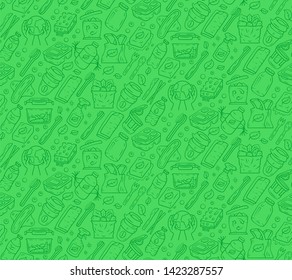 Zero waste kitchen items vector seamless pattern. Reusable and recyclable kitchenware green background with linear icons. Eco household utensil texture. Wallpaper, textile, wrapping paper design