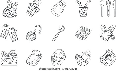 Zero waste kitchen linear icons set. Reusable cutlery, storage containers. Recyclable bags, household utensils. Thin line contour symbols. Isolated vector outline illustrations. Editable stroke