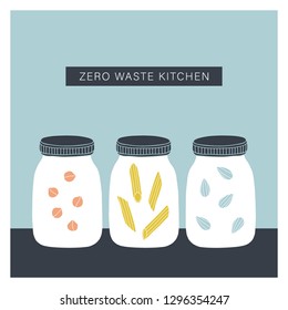 Zero waste kitchen. Mason jars with nuts, pasta, grains. Vector illustration