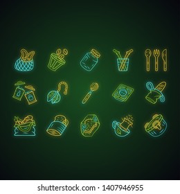 Zero waste kitchen neon light icons set. Reusable cutlery, storage containers. Recyclable bags, household utensils. Glowing signs. Vector isolated illustrations