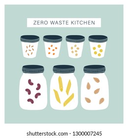 Zero waste kitchen pantry.  Glass jars with dry food. Vector illustration