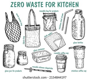 Zero Waste. Kitchen Products Sketch Set. Hand Drawn Elements Of Zero Waste Life In Vector. Eco Style. No Plastic. Reusable Items Or Products - Glass Jars, Eco Grocery Bags, Thermo Mug. Vector