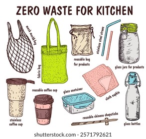 Zero waste. Kitchen products sketch set. Hand drawn elements of zero waste life in vector. Eco style. No plastic. Reusable items or products - glass jars, eco grocery bags, thermo mug. Vector