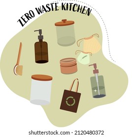  Zero Waste kitchen and reusable products with lettering.Colorful line art collection of eco and waste elements. Vector illustration. Easy zero waste. Go green, eco style, no plastic, save the 