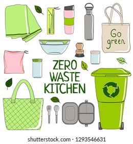 Zero waste kitchen set. No Plastic, Eco lifestyle and Go Green concept. Hand drawn vector illustration.