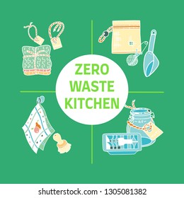 Zero waste kitchen slogan in a round frame with doodle pictures of zero waste products and items. Sustainable household and green house.