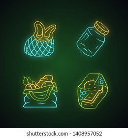 Zero waste kitchen utensils neon light icons set. Textile produce bag, mesh tote. Recyclable beeswax food wrap. Refillable spices container, mason jar. Glowing signs. Vector isolated illustrations