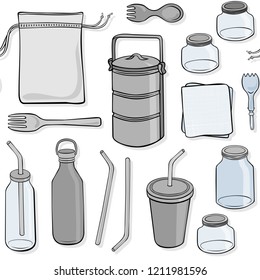 zero waste kitchen utensils seamless pattern with hand drawn colorful elements on white background
