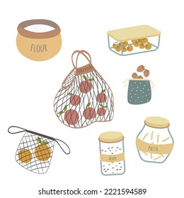 Zero Waste Kitchen. Vector Set Of Reusable Products: Glass Jar, Grocery Mesh Bags, Reusable Containers. Go Green, No Plastic, Save The Planet.