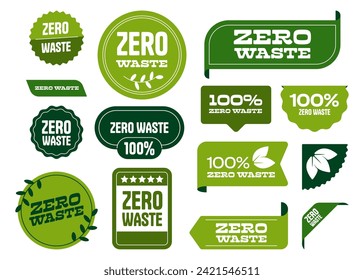 Zero waste label. Round eco recycle icons, green reduce reuse recycle circular economy badges. Environment protection vector stickers. Badges for bio products retail packing isolated set