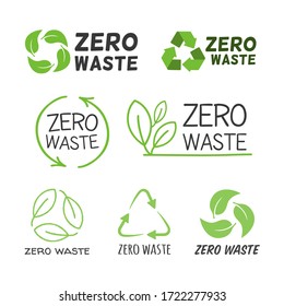 Zero waste labels flat icon collection. Cartoon logo for eco activism vector illustration set. Green recycling arrows and leaves. Planet and ecological protection concept