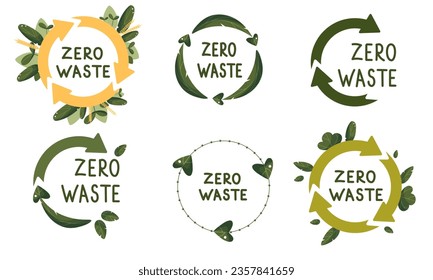 Zero waste labels. Green eco friendly label, reduce waste and recycle icon with plant leaves vector set. No plastic ecological protection logo with green recycling arrows signs