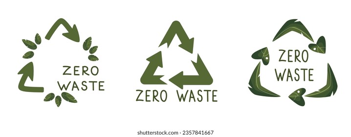 Zero waste labels. Green eco friendly label, reduce waste and recycle icon with plant leaves vector set. No plastic ecological protection logo with green recycling arrows signs