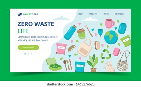 Zero waste landing page with ecological elements - waste sorting, reusable cups, cotton shopping bag, toiletries. Concept vector illustration for sustainable lifestyle
