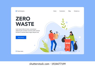 Zero waste landing page, e-waste bin vector. clean environment and ecology Illustration with people recycling old device in trash bin box
