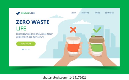 Zero Waste Landing Page With Reusable Coffee Cup And Disposable Cup. Concept Vector Illustration For Sustainable Lifestyle