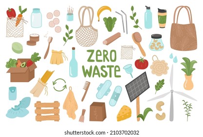 Zero Waste Is A Large Set Of Elements For The Concept Of Reusable Things And Recycling. Eco Bags For Food, Vegetables, Washcloth, Water Bottle, Bag, Thermocup, Shoe Covers. Vector Illustration.