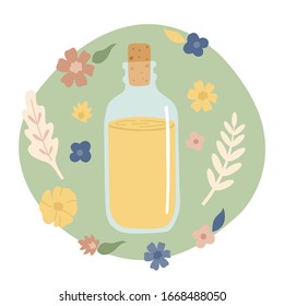 Zero waste, lass jar with a wooden cork on a floral background. Stylish design. Go green, less plastic. Vector illustration. 