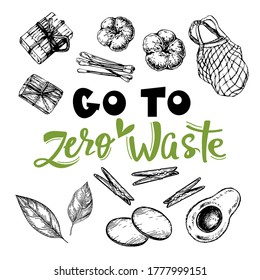 Zero waste lettering and hand drawn sketch illustration collection on a white background