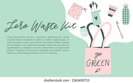 Zero waste lettering and illustration for banner, landing page concept. Magazine illustration for eco theme. Eco bag, bottle, wooden tooth brush in vector flat cartoon style