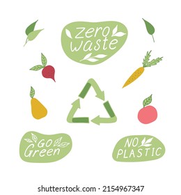 Zero waste lettering quotes set. Vector illustration isolated on white. Typography for bags, banners, badges, card, t-shirt, prints.