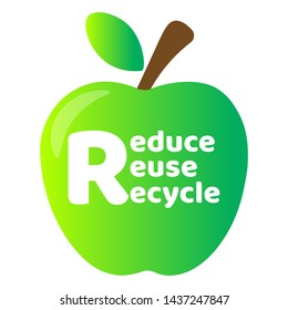 Zero waste lettering text sign or logo with green apple on the background. Waste management concept. Reduce, reuse, recycle and refuse. Eco lifestyle. Vector EPS10 design template illustration