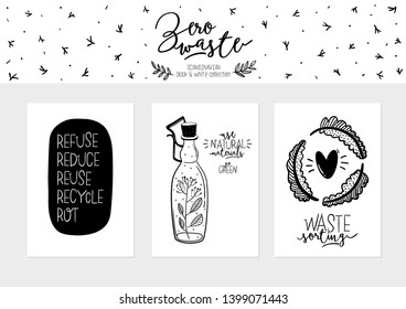 Zero waste life cards. Glass jar and lunch box, eco bag, natural cosmetic, menstrual cup, thermo mug. Vector. Trendy hand drawn black and white illustration in scandinavian style. 