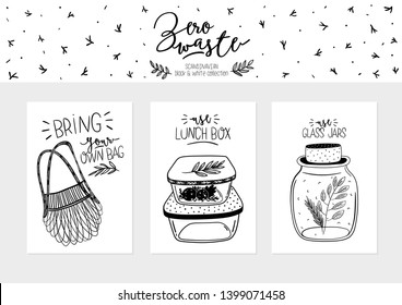 Zero waste life cards. Glass jar and lunch box, eco bag, natural cosmetic, menstrual cup, thermo mug. Vector. Trendy hand drawn black and white illustration in scandinavian style. 