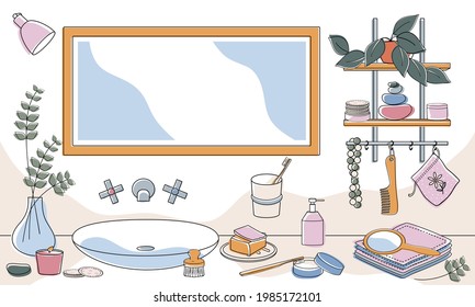 Zero waste life concept for bathroom. Interior with reusable personal hygiene items. line drawing