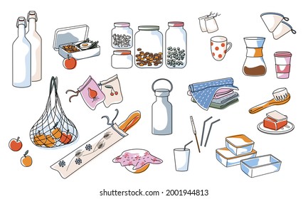 Zero waste life concept for kitchen.Set of recyclable and reusable elements.Line drawing color illustration