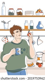 Zero waste life concept for kitchen, recyclable and reusable elements, man drink coffee in boho style interior.Line drawing color illustration