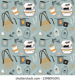 Zero waste life seamless pattern. Glass jar and cutlery, eco grocery bag, toothbrush, natural cosmetic, menstrual cup, thermo mug. Vector. Trendy hand drawn illustration in scandinavian style. 