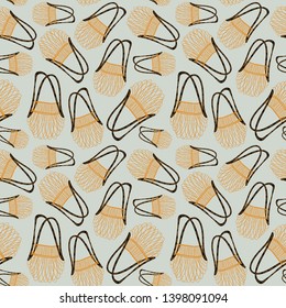 Zero waste life seamless pattern. Glass jar and cutlery, eco grocery bag, toothbrush, natural cosmetic, menstrual cup, thermo mug. Vector. Trendy hand drawn illustration in scandinavian style. 