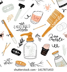 Zero waste life seamless pattern. Glass jar and cutlery, eco grocery bag, toothbrush, natural cosmetic, menstrual cup, thermo mug. Vector. Trendy hand drawn illustration in scandinavian style. 