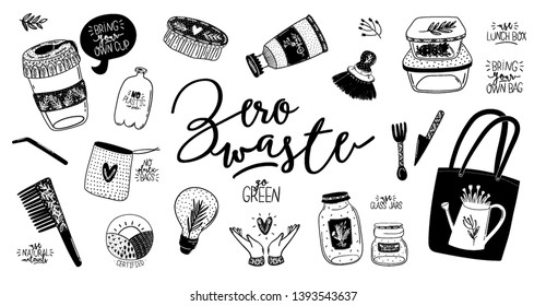 Zero waste life set. Glass jar and cutlery, eco grocery bag, toothbrush, natural cosmetic, menstrual cup, thermo mug. Vector. Trendy hand drawn black and white illustration in scandinavian style. 