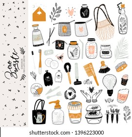 Zero waste life set. Glass jar and cutlery, eco grocery bag, toothbrush, natural cosmetic, menstrual cup, thermo mug. Vector. Trendy hand drawn black and white illustration in scandinavian style. 