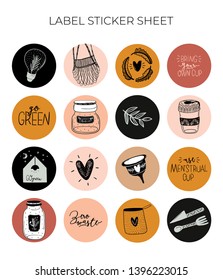Zero waste life set. Glass jar and cutlery, eco grocery bag, toothbrush, natural cosmetic, menstrual cup, thermo mug. Vector. Trendy hand drawn black and white illustration in scandinavian style. 