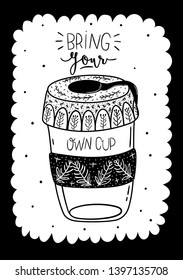 Zero waste life set. Glass jar and cutlery, eco grocery bag, toothbrush, natural cosmetic, menstrual cup, thermo mug. Vector. Trendy hand drawn black and white illustration in scandinavian style. 