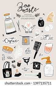 Zero waste life set. Glass jar and cutlery, eco grocery bag, toothbrush, natural cosmetic, menstrual cup, thermo mug. Vector. Trendy hand drawn black and white illustration in scandinavian style. 