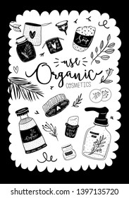 Zero waste life set. Glass jar and cutlery, eco grocery bag, toothbrush, natural cosmetic, menstrual cup, thermo mug. Vector. Trendy hand drawn black and white illustration in scandinavian style. 