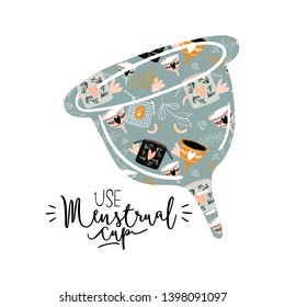 Zero waste life set. Glass jar and cutlery, eco grocery bag, toothbrush, natural cosmetic, menstrual cup, thermo mug. Vector. Trendy hand drawn black and white illustration in scandinavian style. 
