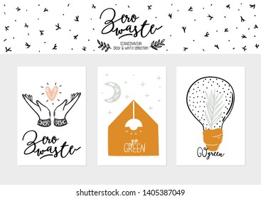 Zero waste life set. Glass jar and lunch box, eco bag, natural cosmetic, menstrual cup, thermo mug. Vector. Trendy hand drawn illustration in scandinavian style. 
