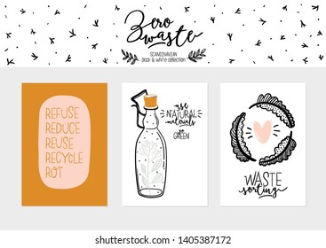 Zero waste life set. Glass jar and lunch box, eco bag, natural cosmetic, menstrual cup, thermo mug. Vector. Trendy hand drawn illustration in scandinavian style. 