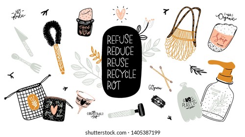Zero waste life set. Glass jar and lunch box, eco bag, natural cosmetic, menstrual cup, thermo mug. Vector. Trendy hand drawn illustration in scandinavian style. 