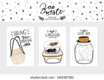 Zero waste life set. Glass jar and lunch box, eco bag, natural cosmetic, menstrual cup, thermo mug. Vector. Trendy hand drawn illustration in scandinavian style. 