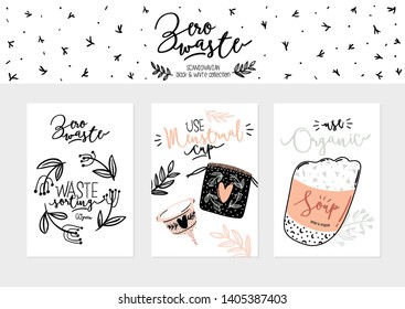 Zero waste life set. Glass jar and lunch box, eco bag, natural cosmetic, menstrual cup, thermo mug. Vector. Trendy hand drawn illustration in scandinavian style. 
