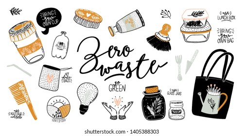 Zero waste life set. Glass jar and lunch box, eco bag, natural cosmetic, menstrual cup, thermo mug. Vector. Trendy hand drawn illustration in scandinavian style. 