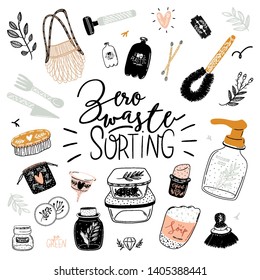 Zero waste life set. Glass jar and lunch box, eco bag, natural cosmetic, menstrual cup, thermo mug. Vector. Trendy hand drawn illustration in scandinavian style. 
